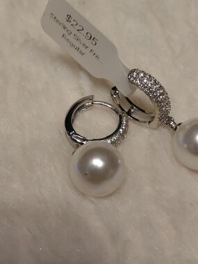 Sterling Silver Pearl Drop Hoop Earrings - White Pearls